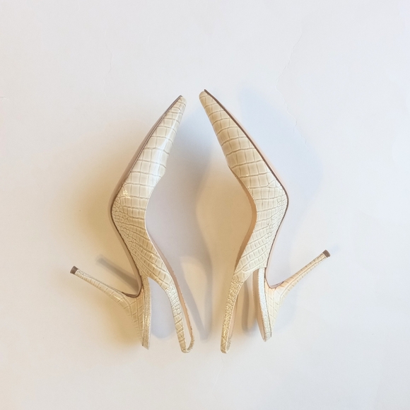 Casadei Croc Embossed Patent Leather Slingback Heels Cream Ivory 10 - Picture 7 of 14